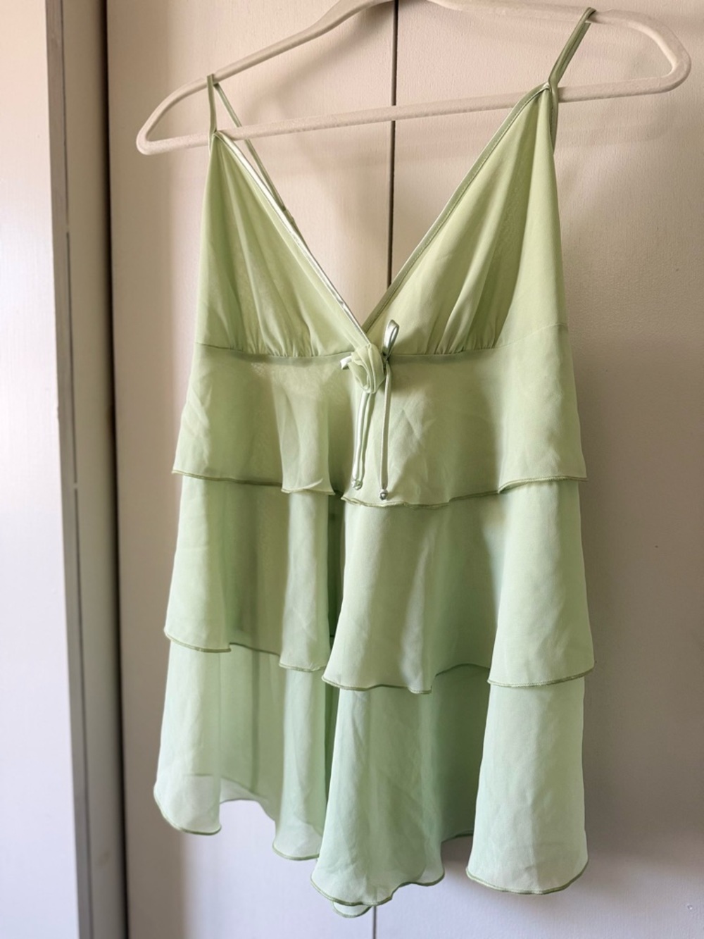 Y2K fairycore Tiered Ruffle V-Neck Babydoll Cami Top - Light sage Green L - Picture 5 of 16